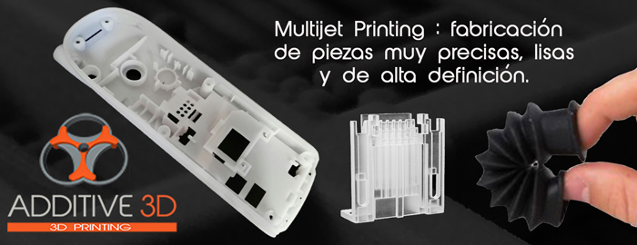 Multi Jet Printing - Impresin 3D alta definicin. Imprimir piezas de calidad de acabado liso. Resina liquida fotopolimerisada. Materias resistentes o Flexibles. Fabricacin aditiva de piezas transparentes. Entrega en Madrid, Valencia, Sevilla, Bilbao.   